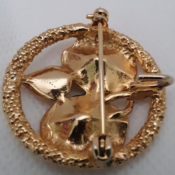 Vintage Enamel Circle Floral Pin Brooch Pendant Gold Tone - Picture 4 of 7